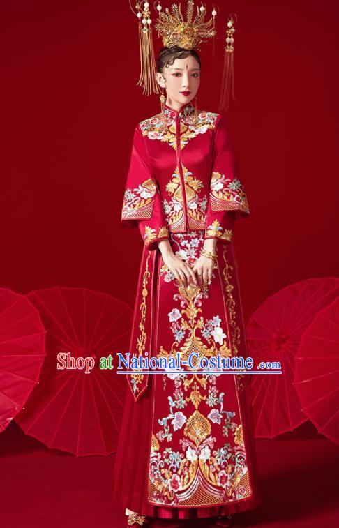 Chinese Ancient Embroidered Flowers Red Blouse and Dress Traditional Bride Xiu He Suit Wedding Costumes for Women