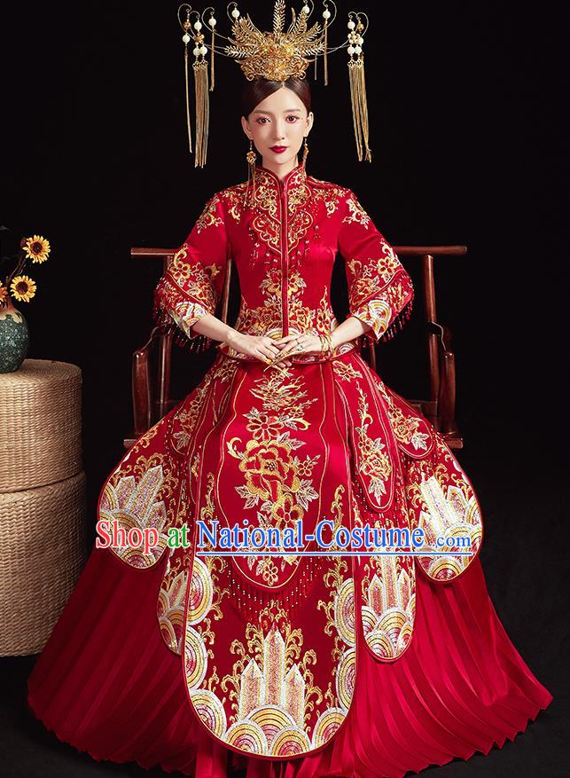 Chinese Ancient Embroidered Peony Flowers Red Blouse and Dress Traditional Bride Xiu He Suit Wedding Costumes for Women