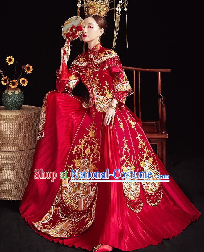 Chinese Ancient Embroidered Waves Red Blouse and Dress Traditional Bride Xiu He Suit Wedding Costumes for Women