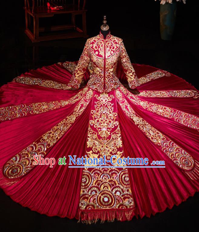 Chinese Ancient Embroidered Drilling Red Blouse and Dress Traditional Bride Xiu He Suit Wedding Costumes for Women