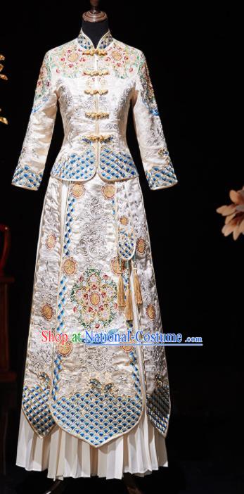 Chinese Ancient Embroidered Drilling White Blouse and Dress Traditional Bride Xiu He Suit Wedding Costumes for Women