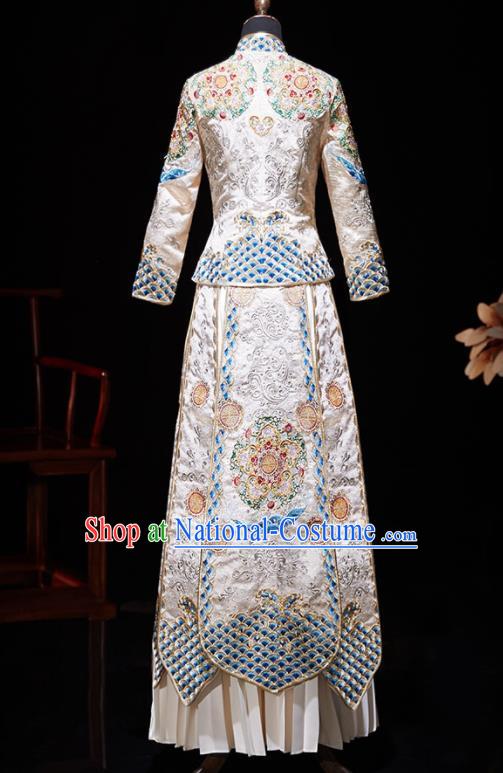 Chinese Ancient Embroidered Drilling White Blouse and Dress Traditional Bride Xiu He Suit Wedding Costumes for Women