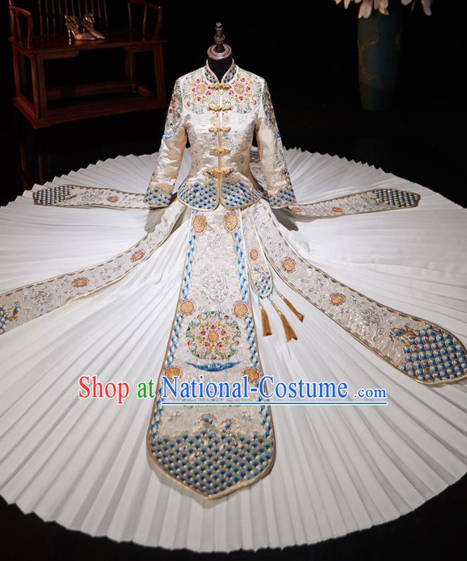 Chinese Ancient Embroidered Drilling White Blouse and Dress Traditional Bride Xiu He Suit Wedding Costumes for Women