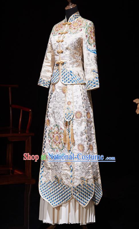 Chinese Ancient Embroidered Drilling White Blouse and Dress Traditional Bride Xiu He Suit Wedding Costumes for Women