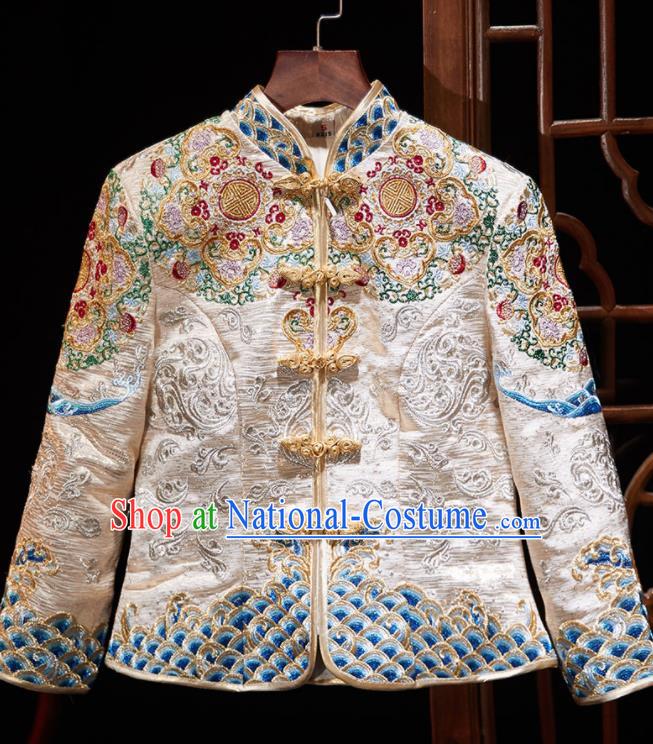 Chinese Ancient Embroidered Drilling White Blouse and Dress Traditional Bride Xiu He Suit Wedding Costumes for Women