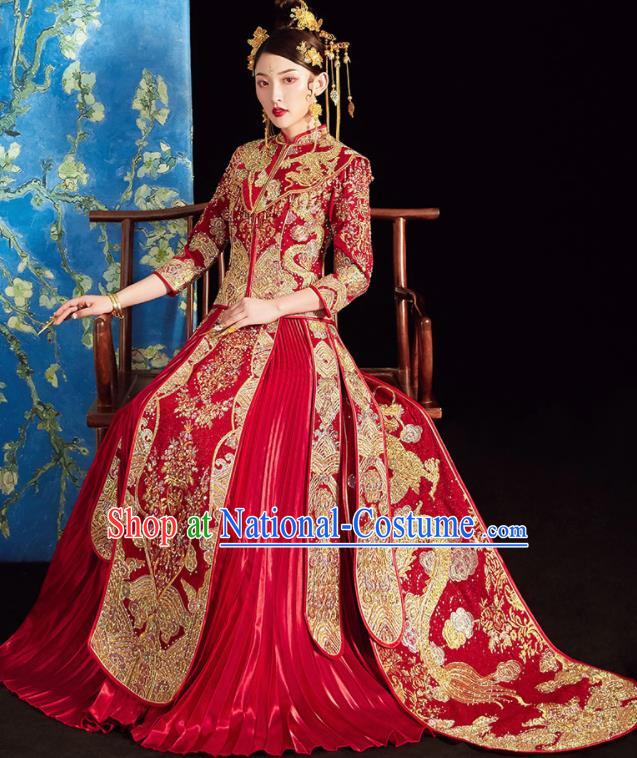 Chinese Ancient Embroidered Drilling Dragon Drilling Blouse and Dress Traditional Bride Xiu He Suit Wedding Costumes for Women