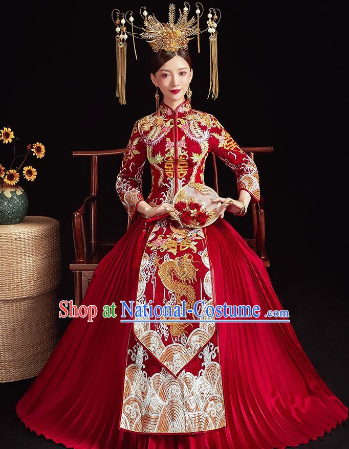 Chinese Ancient Embroidered Phoenix Dragon Drilling Blouse and Dress Traditional Bride Xiu He Suit Wedding Costumes for Women