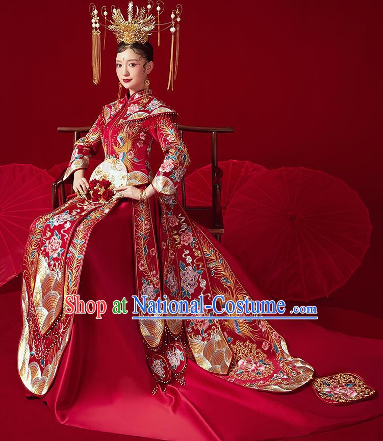 Chinese Ancient Embroidered Peony Flowers Drilling Blouse and Dress Traditional Bride Xiu He Suit Wedding Costumes for Women