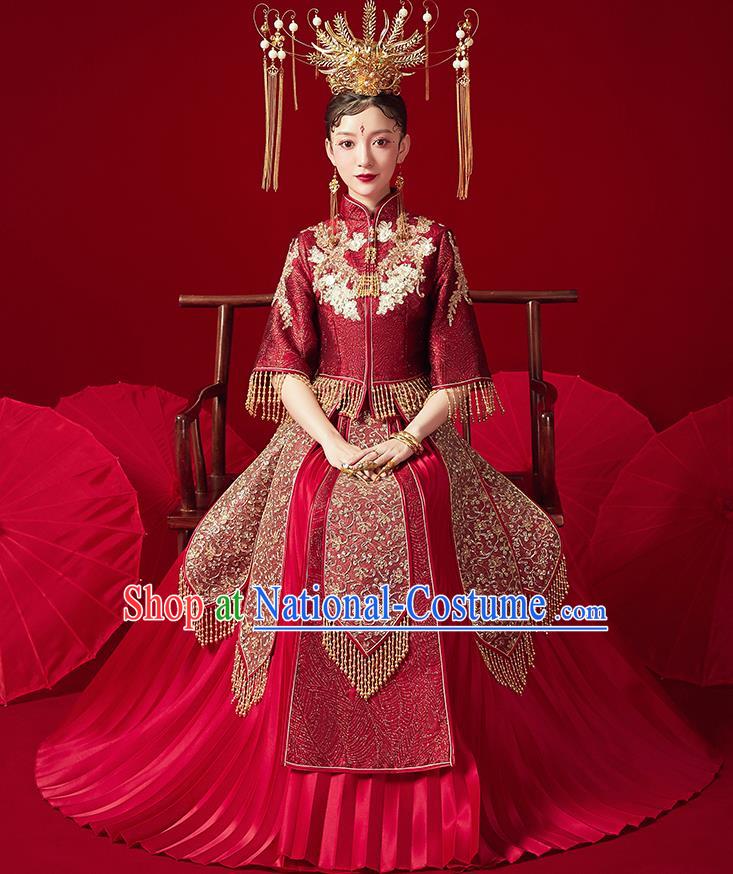 Chinese Ancient Embroidered Drilling Blouse and Dress Traditional Bride Xiu He Suit Wedding Costumes for Women