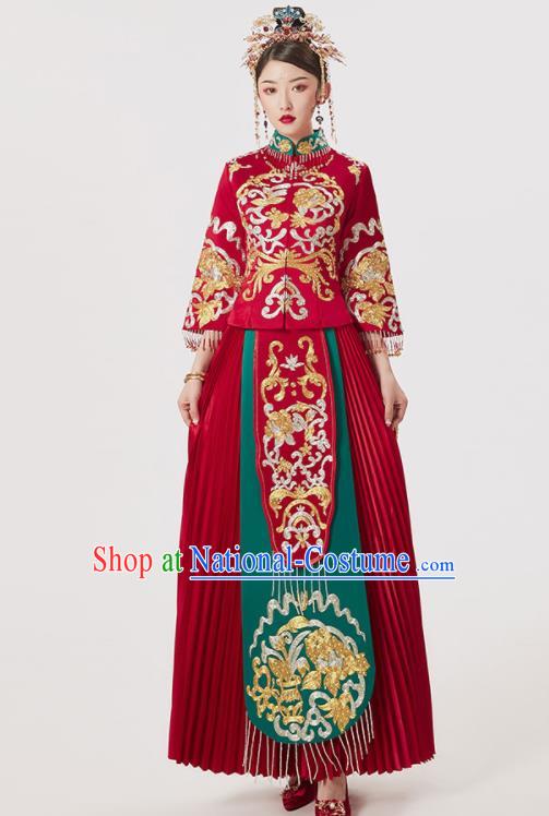 Chinese Ancient Embroidered Blouse and Dress Traditional Bride Drilling Xiu He Suit Wedding Costumes for Women