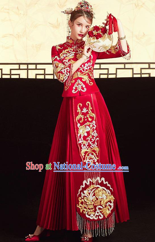 Chinese Ancient Embroidered Peony Blouse and Dress Traditional Bride Drilling Xiu He Suit Wedding Costumes for Women