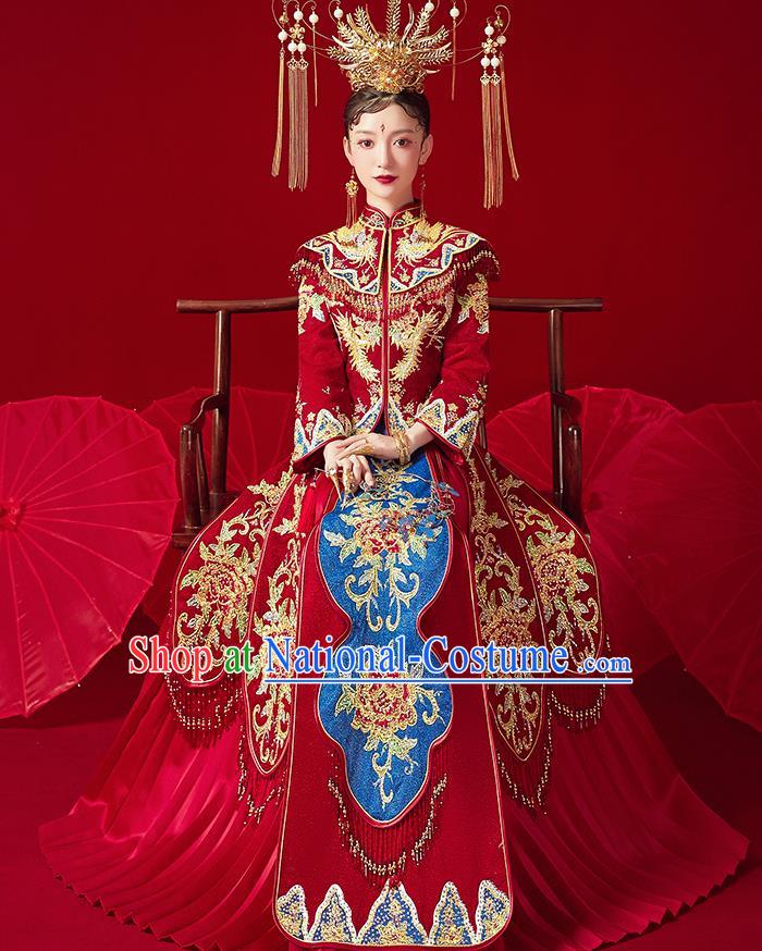 Chinese Ancient Embroidered Phoenix Drilling Peony Blouse and Dress Traditional Bride Xiu He Suit Wedding Costumes for Women