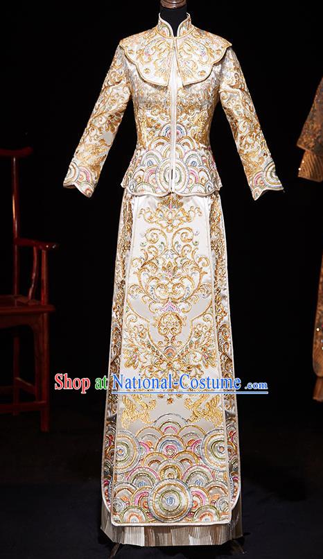 Chinese Ancient Embroidered Drilling Light Golden Blouse and Dress Traditional Bride Xiu He Suit Wedding Costumes for Women