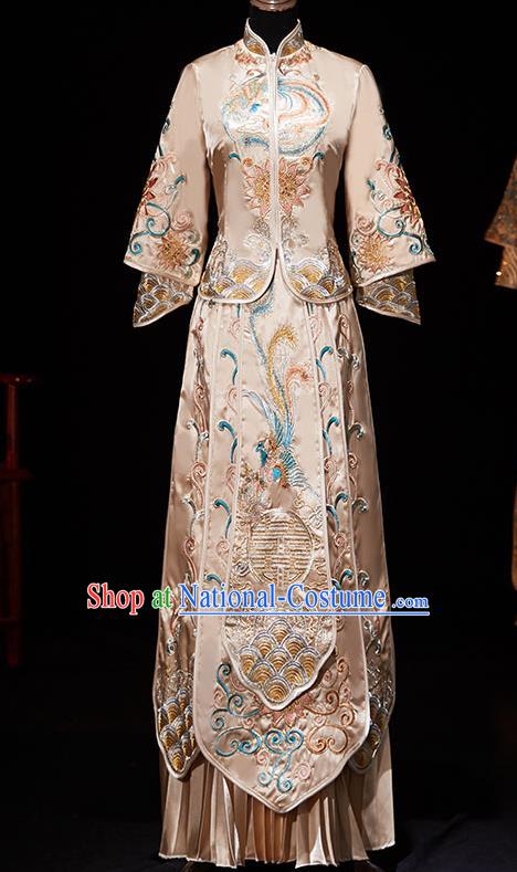 Chinese Ancient Embroidered Champagne Blouse and Dress Traditional Bride Xiu He Suit Wedding Costumes for Women