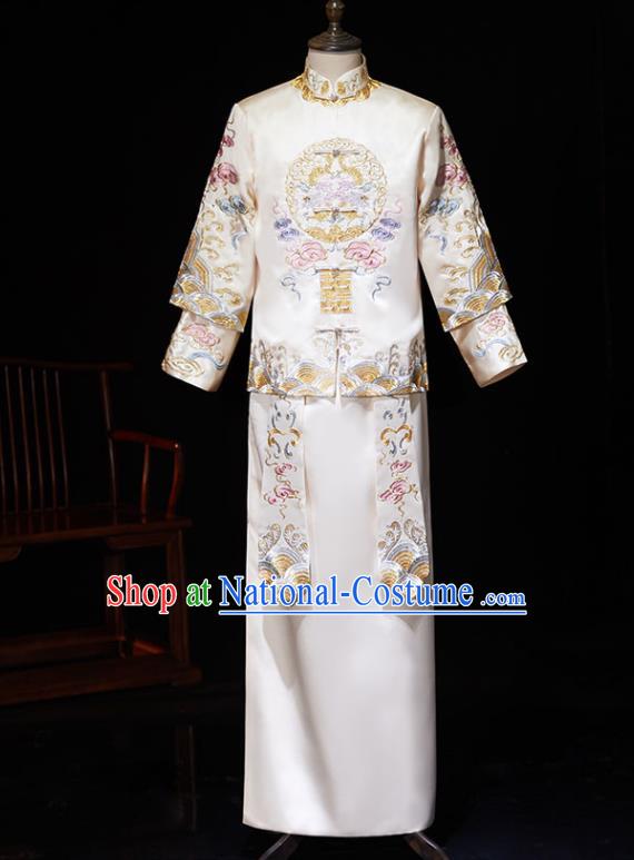 Chinese Ancient Bridegroom Embroidered Peony White Mandarin Jacket and Gown Traditional Wedding Tang Suit Costumes for Men