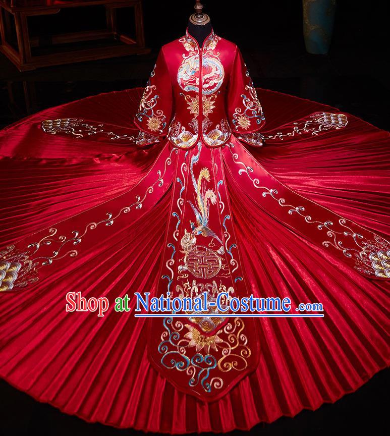 Chinese Ancient Embroidered Phoenix Lotus Red Blouse and Dress Traditional Bride Xiu He Suit Wedding Costumes for Women