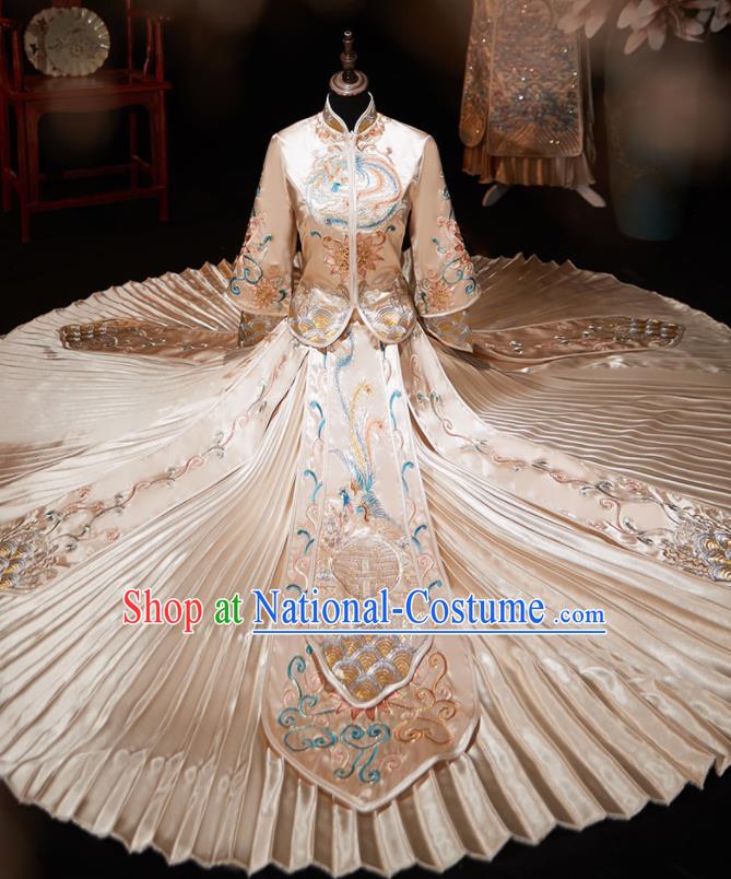 Chinese Ancient Embroidered Phoenix Peony Champagne Blouse and Dress Traditional Bride Xiu He Suit Wedding Costumes for Women