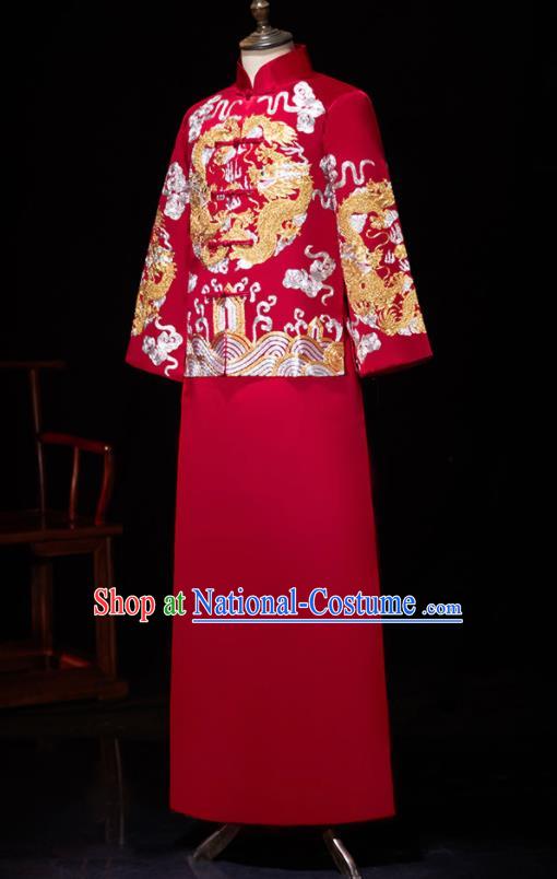 Chinese Ancient Bridegroom Embroidered Dragon Red Mandarin Jacket and Gown Traditional Wedding Tang Suit Costumes for Men