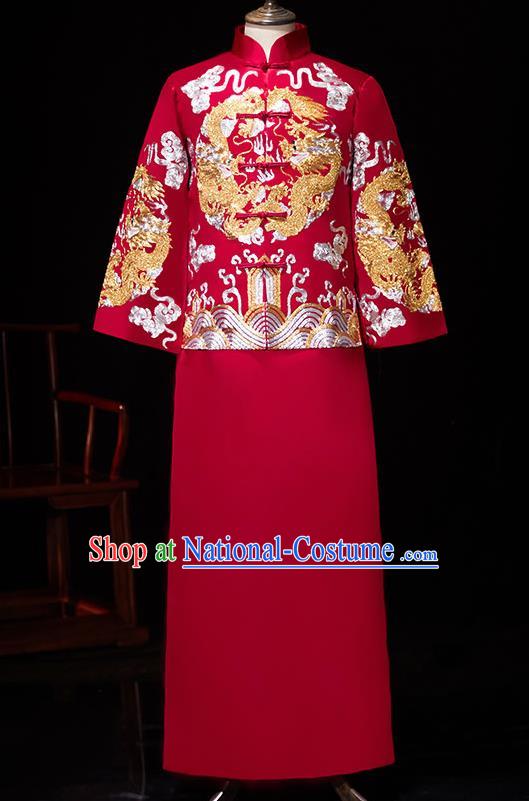 Chinese Ancient Bridegroom Embroidered Dragon Red Mandarin Jacket and Gown Traditional Wedding Tang Suit Costumes for Men