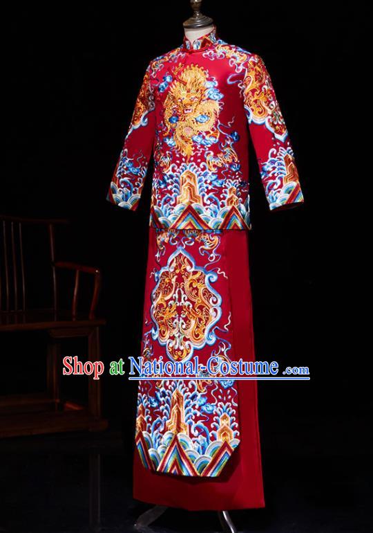 Chinese Ancient Bridegroom Embroidered Wave Dragon Red Mandarin Jacket and Gown Traditional Wedding Tang Suit Costumes for Men