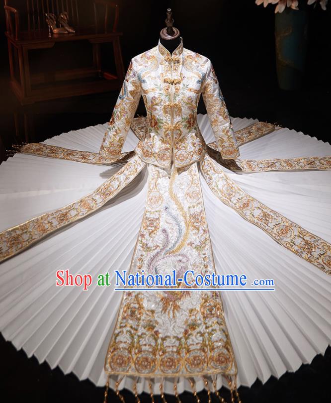 Chinese Ancient Wedding Embroidered Phoenix Champagne Blouse and Dress Traditional Bride Xiu He Suit Costumes for Women