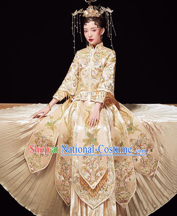 Chinese Ancient Wedding Embroidered Phoenix Golden Blouse and Dress Traditional Bride Xiu He Suit Costumes for Women