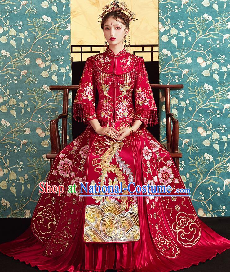 Chinese Ancient Embroidered Phoenix Peony Blouse and Dress Traditional Bride Red Xiu He Suit Wedding Costumes for Women