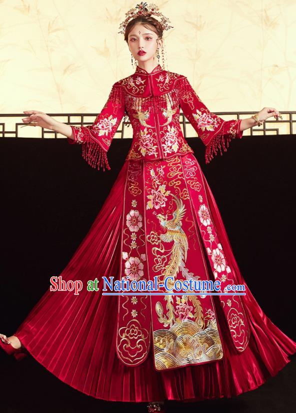 Chinese Ancient Embroidered Phoenix Peony Blouse and Dress Traditional Bride Red Xiu He Suit Wedding Costumes for Women