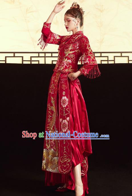 Chinese Ancient Embroidered Phoenix Peony Blouse and Dress Traditional Bride Red Xiu He Suit Wedding Costumes for Women