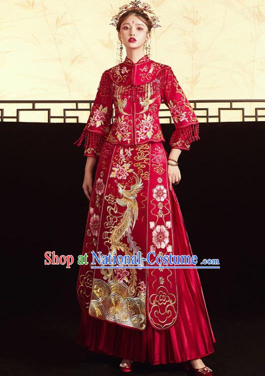 Chinese Ancient Embroidered Phoenix Peony Blouse and Dress Traditional Bride Red Xiu He Suit Wedding Costumes for Women