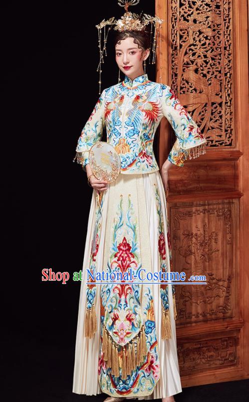 Chinese Ancient Wedding Embroidered Red Flowers Blouse and Dress Traditional Bride Xiu He Suit Costumes for Women