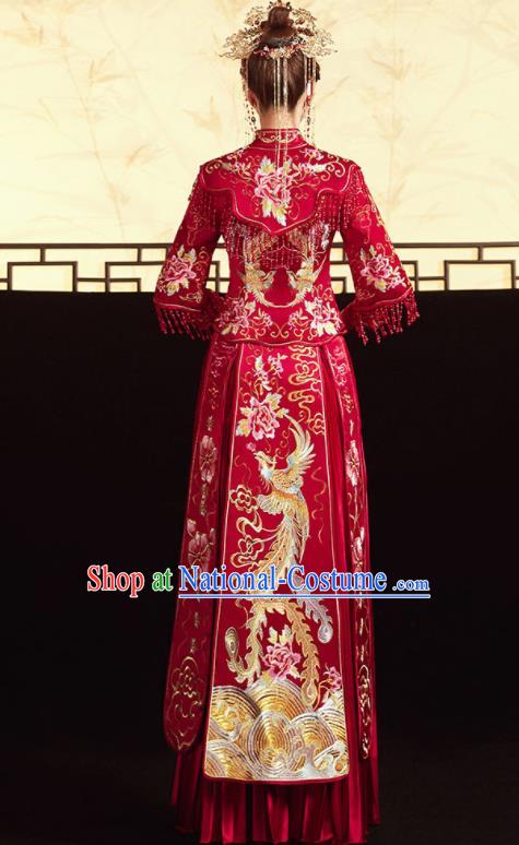 Chinese Ancient Embroidered Phoenix Peony Blouse and Dress Traditional Bride Red Xiu He Suit Wedding Costumes for Women