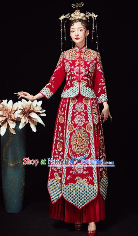 Chinese Ancient Wedding Embroidered Red Blouse and Dress Traditional Bride Xiu He Suit Costumes for Women