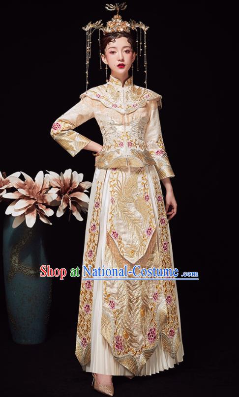 Chinese Ancient Wedding Embroidered Phoenix Peony Golden Blouse and Dress Traditional Bride Xiu He Suit Costumes for Women