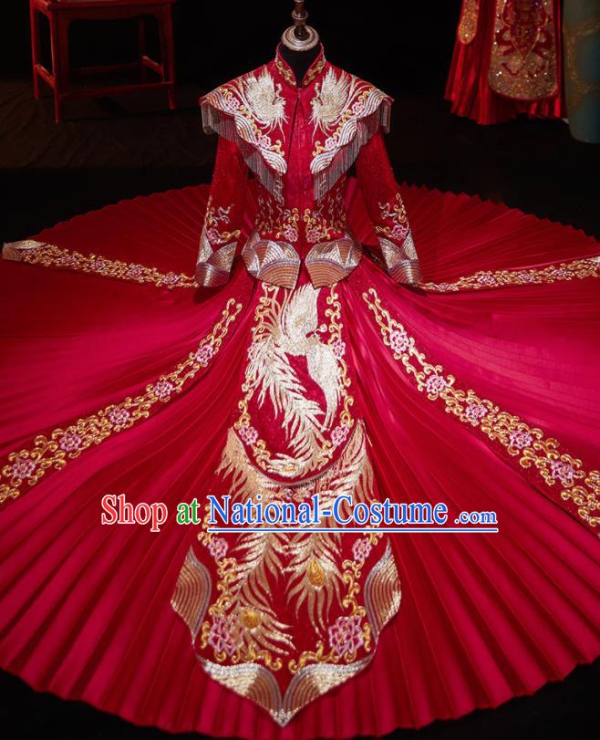 Chinese Ancient Wedding Embroidered Phoenix Peony Red Blouse and Dress Traditional Bride Xiu He Suit Costumes for Women