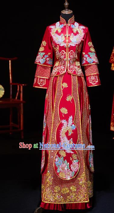 Chinese Ancient Bride Embroidered Diamante Phoenix Xiu He Suit Wedding Costumes Traditional Red Bottom Drawer for Women