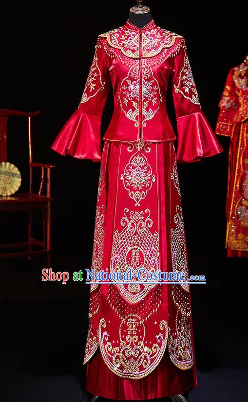 Chinese Ancient Bride Embroidered Diamante Xiu He Suit Wedding Costumes Traditional Red Bottom Drawer for Women