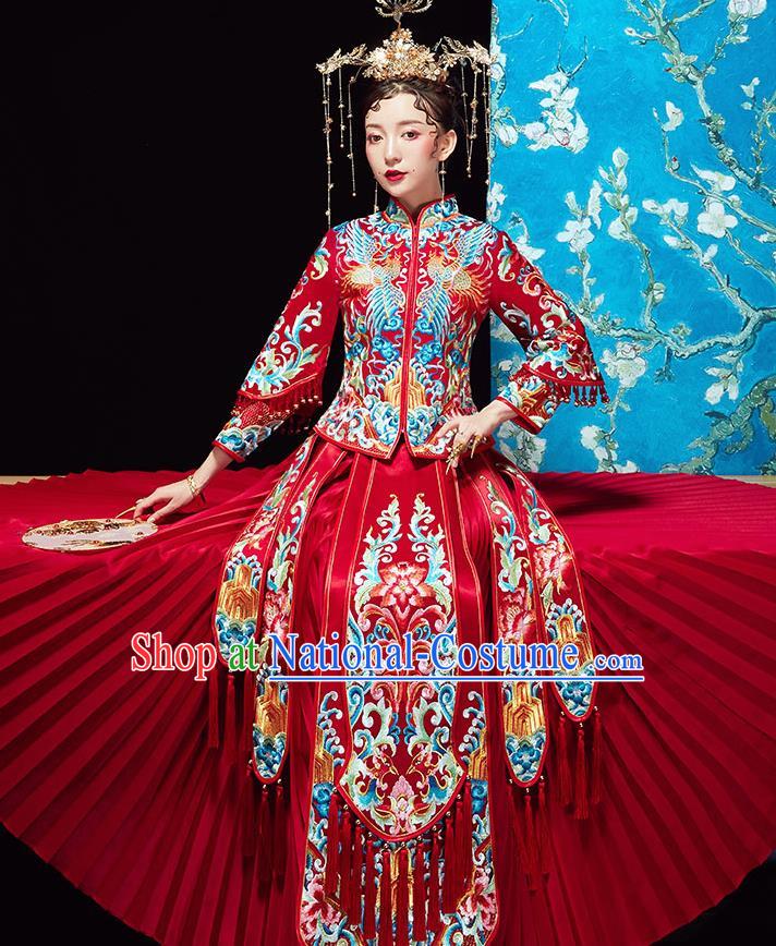 Chinese Ancient Wedding Embroidered Flowers Red Blouse and Dress Traditional Bride Xiu He Suit Costumes for Women