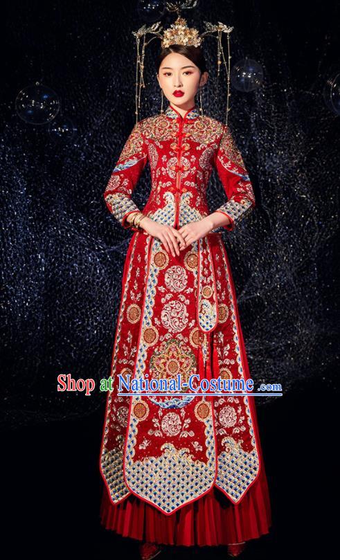 Chinese Ancient Wedding Embroidered Drilling Flowers Red Blouse and Dress Traditional Bride Xiu He Suit Costumes for Women