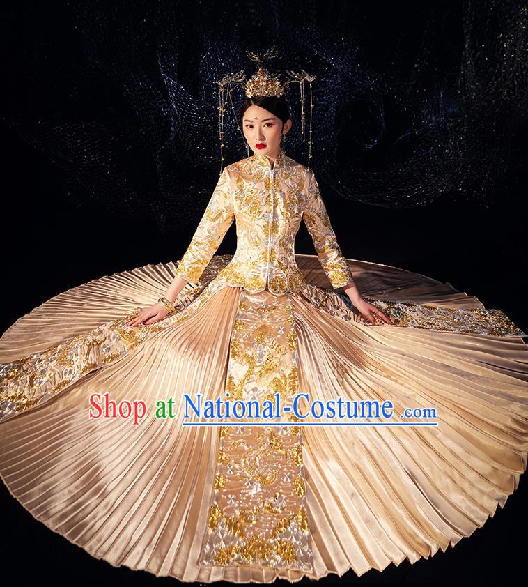 Chinese Ancient Wedding Embroidered Dragon Golden Blouse and Dress Traditional Bride Xiu He Suit Costumes for Women