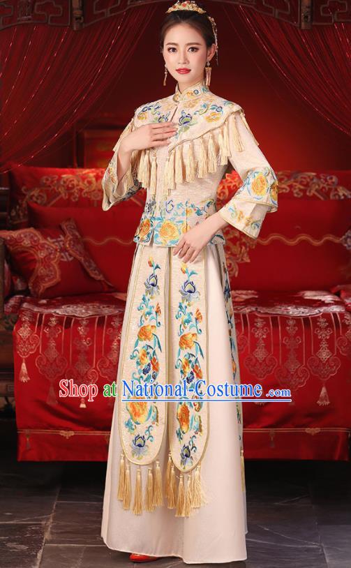 Chinese Ancient Wedding Embroidered Peony Champagne Blouse and Dress Traditional Bride Xiu He Suit Costumes for Women