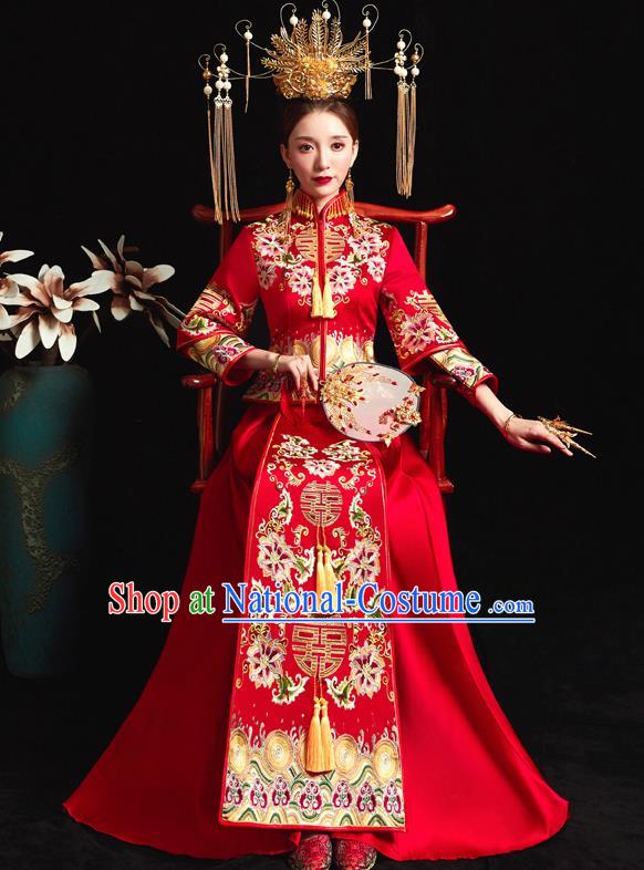 Chinese Ancient Wedding Embroidered Peony Flowers Red Blouse and Dress Traditional Bride Xiu He Suit Costumes for Women