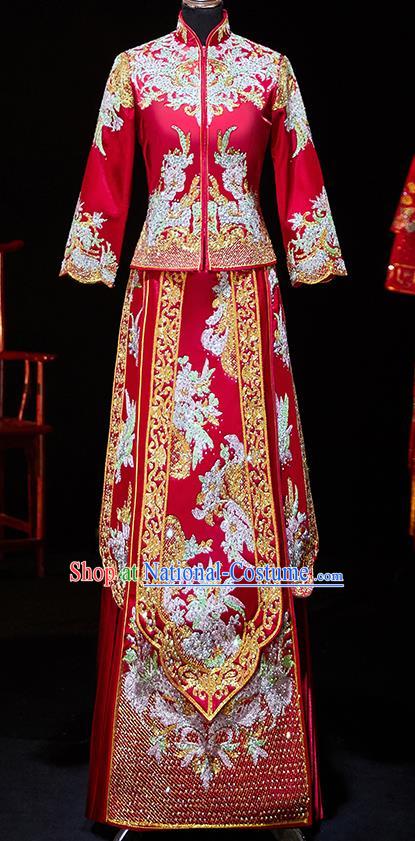 Chinese Ancient Bride Embroidered Diamante Blouse and Dress Xiu He Suit Wedding Costumes Traditional Red Bottom Drawer for Women