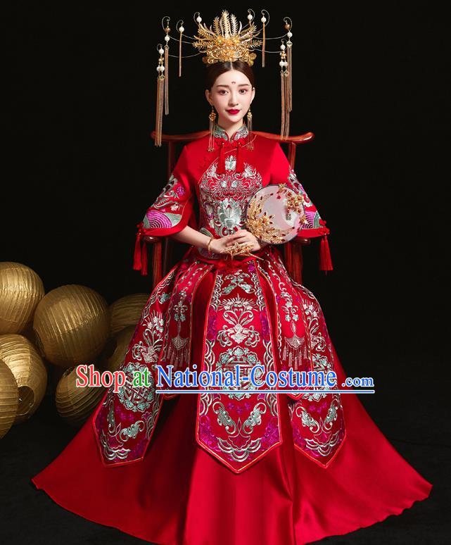 Chinese Ancient Wedding Embroidered Red Blouse and Dress Traditional Bride Xiu He Suit Costumes for Women