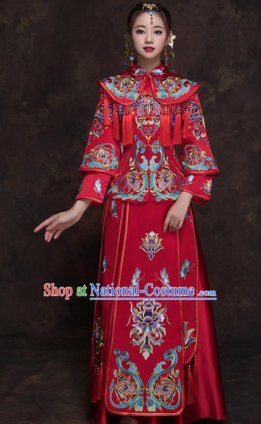 Chinese Ancient Wedding Embroidered Lotus Red Blouse and Dress Traditional Bride Xiu He Suit Costumes for Women