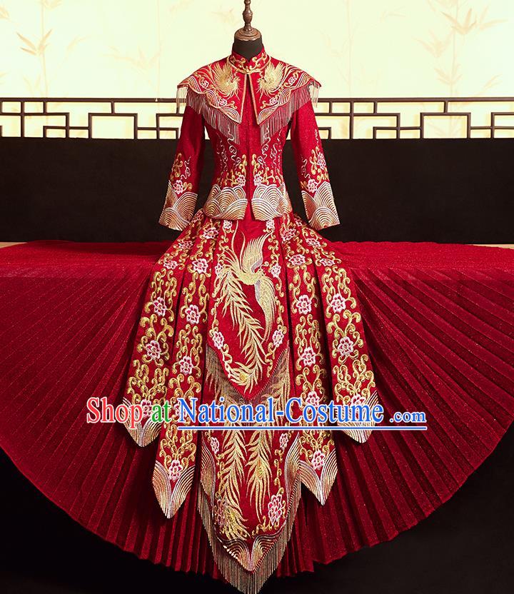 Chinese Ancient Bride Embroidered Phoenix Peony Blouse and Dress Xiu He Suit Wedding Costumes Traditional Red Bottom Drawer for Women