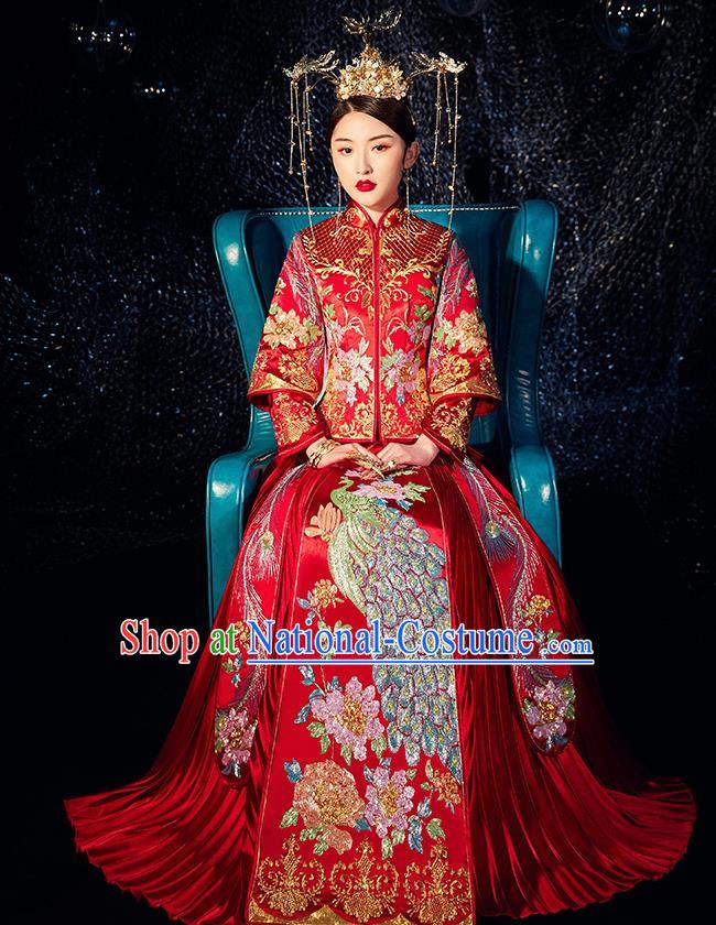 Chinese Ancient Wedding Embroidered Drilling Peacock Peony Red Blouse and Dress Traditional Bride Xiu He Suit Costumes for Women