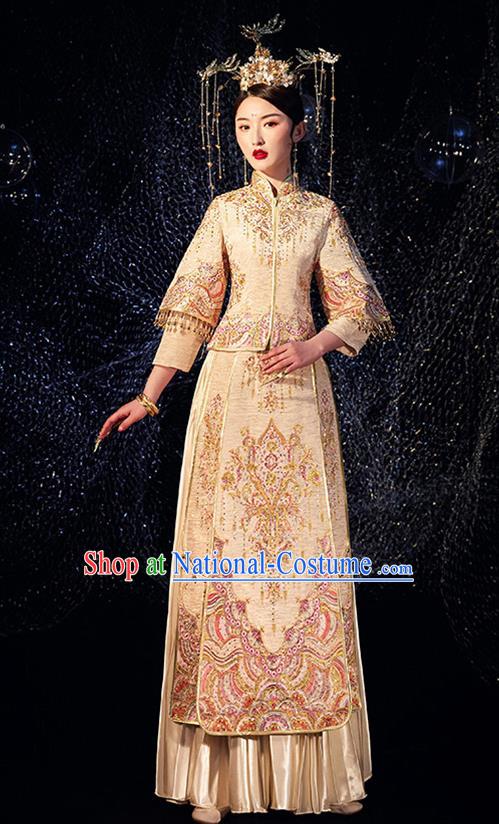 Chinese Ancient Wedding Embroidered Diamante Golden Blouse and Dress Traditional Bride Xiu He Suit Costumes for Women