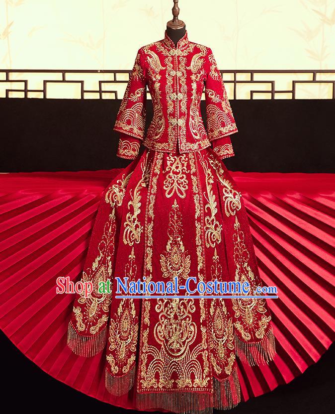 Chinese Ancient Bride Embroidered Blouse and Dress Diamante Xiu He Suit Wedding Costumes Traditional Red Bottom Drawer for Women