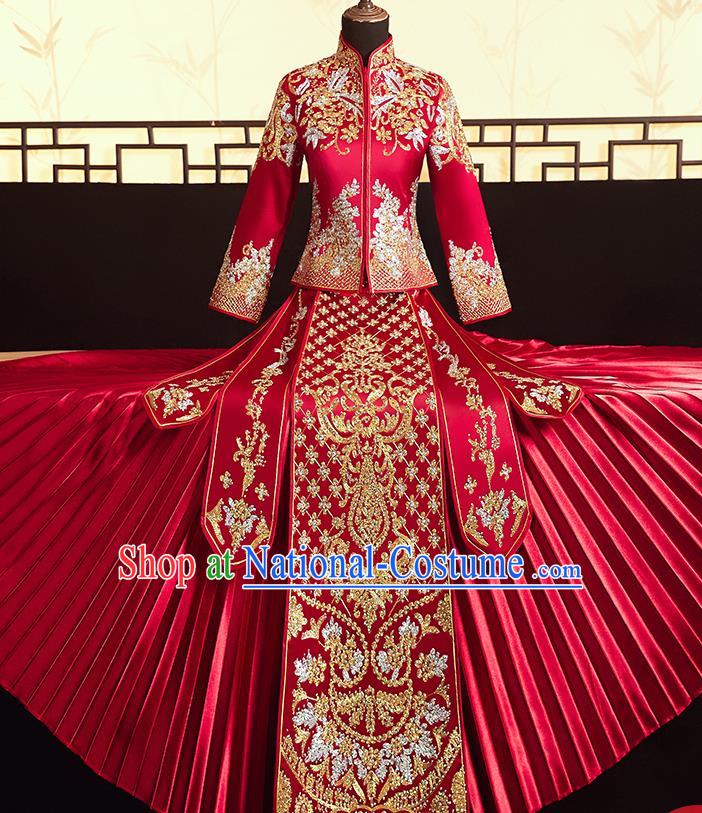 Chinese Ancient Bride Embroidered Flowers Blouse and Dress Diamante Xiu He Suit Wedding Costumes Traditional Red Bottom Drawer for Women